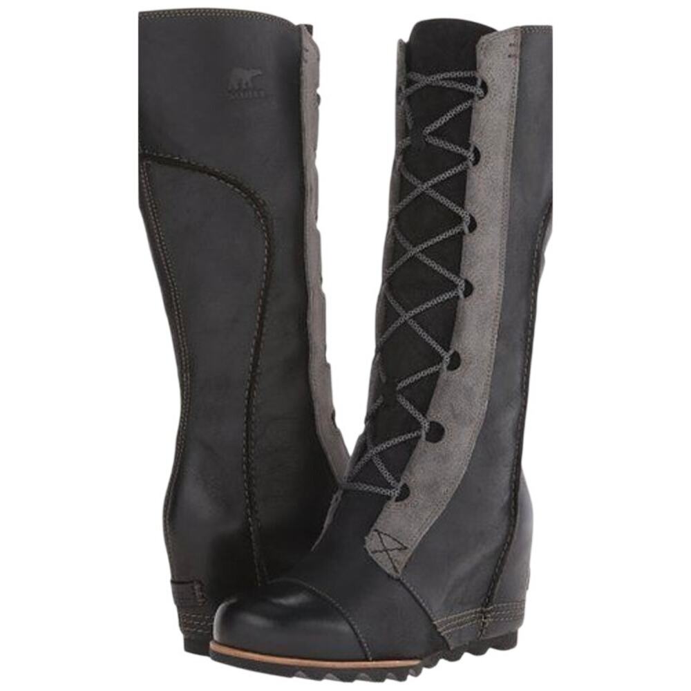 Sorel Cate The Great Black/Grey Suede Leather Lace Up Wedge Boot 8 NWT